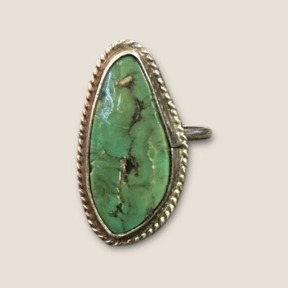 Vintage Green Turquoise Sterling Silver Ring Size 5.25 Oval Shape Rope Design RE - Picture 1 of 8